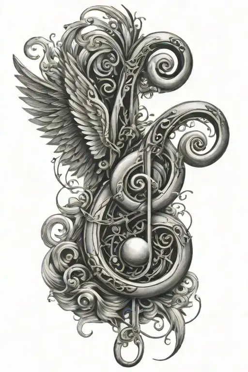 bass clef intertwined with electric wing tattoo design idea