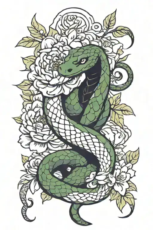 Full body snake intertwined around a peony flower tattoo design idea