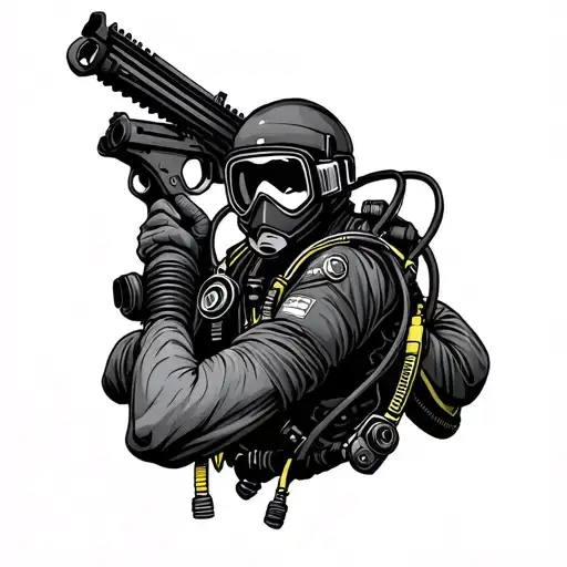 scuba diver with a modern weapon. high-quality detail lines. tattoo design idea