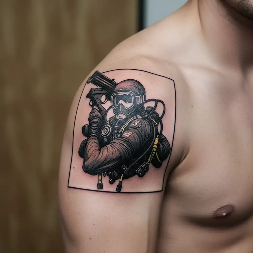 scuba diver with a modern weapon. high-quality detail lines. tattoo design idea