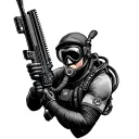 scuba diver with a modern weapon. high-quality detail lines. tattoo design idea
