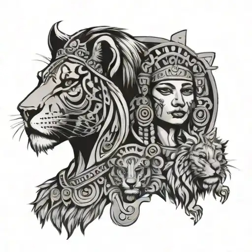  Aztec goddess with lions  tattoo design idea