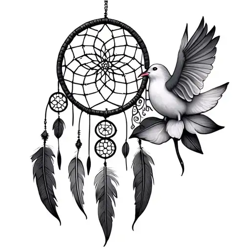 dream catcher with feathers, lotus flower, flower of life, and a dove tattoo design idea