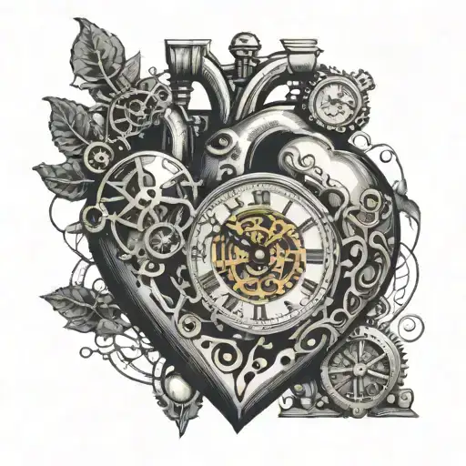 biological heart with a small clock inside steampunk style  tattoo design idea