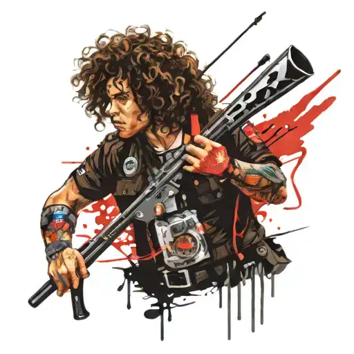 large paramedic with curly hair fishing rod and gun  tattoo design idea