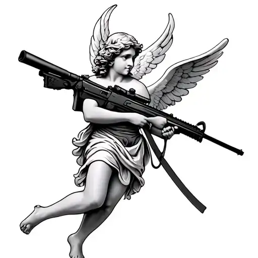 cupid angel holding a sniper rifle tattoo design idea