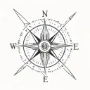 simple compass cross with arrow pointing North with small lotus flower in bottom right hand corner tattoo design idea
