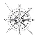 simple compass cross with arrow pointing North with small lotus flower in bottom right hand corner tattoo design idea