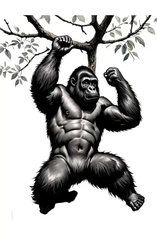 silverback gorilla swinging from a tree branch tattoo design idea