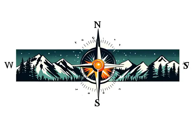 Mountain bike, compass, forest, mountains, sun tattoo design idea
