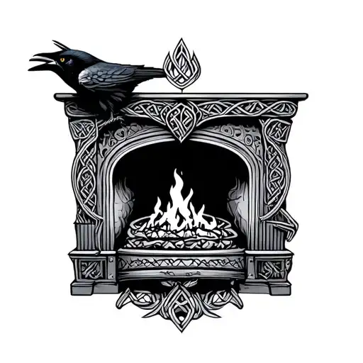 Fireplace with Raven perched surrounded by celtic linework tattoo design idea