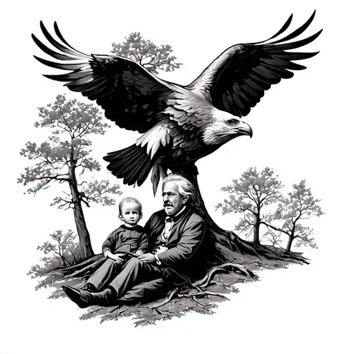 grandpa with grandson sitting on his lap grandpa fades away into a eagle, eagle then flys to top of family tree tattoo design idea