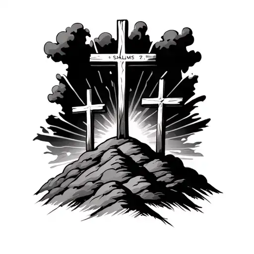 three crosses on a hill with shaded clouds behind it with sun rays beaming through and psalms 73:26 on it tattoo design idea