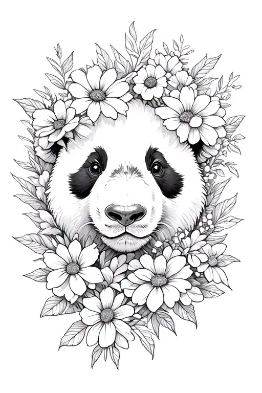 panda whos face is morphed into flowers growing tattoo design idea