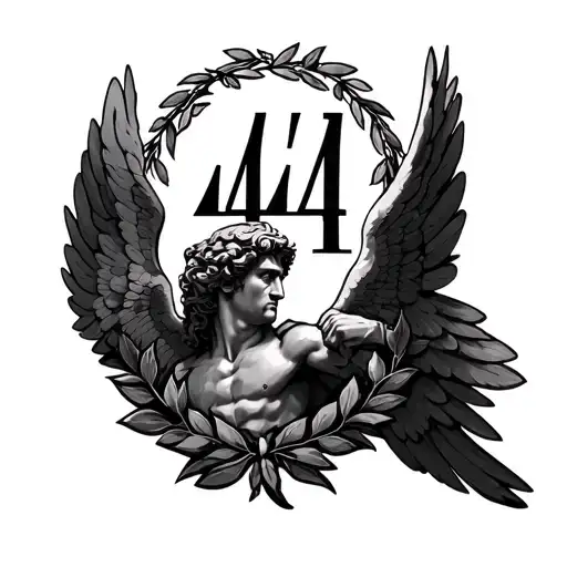 create an archangel Michael tattoo with the angel numbers 444 located inside the tattoo with a roman laurel wreath.  tattoo design idea