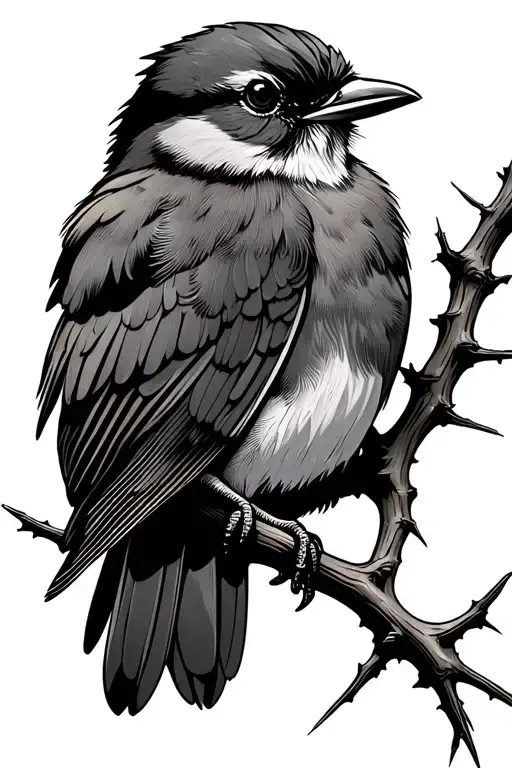 Shrike Bird on thorn branch tattoo design idea
