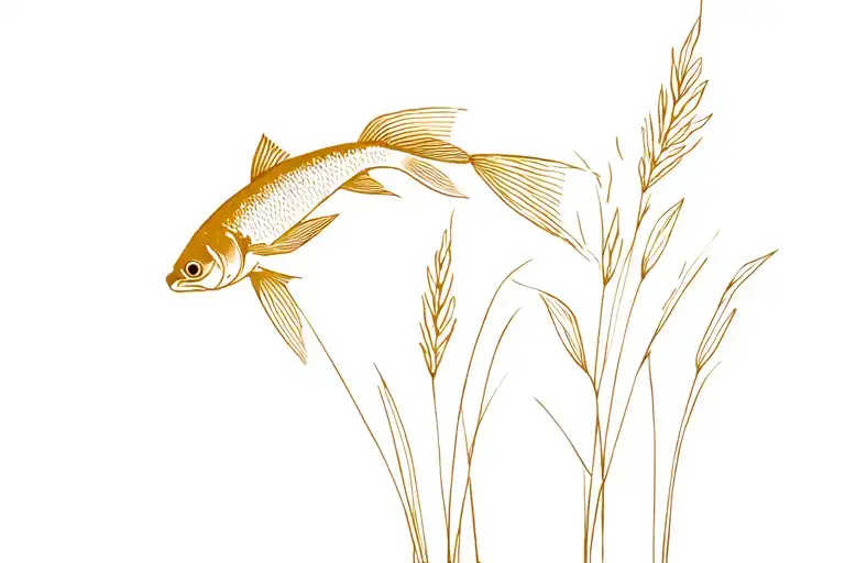 gold fish swimming upwards out of tall grass tattoo design idea