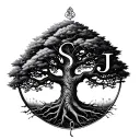 tree of life with S and J hidden in branches stretching towards tattoo design idea