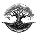 tree of life with S and J hidden in branches stretching towards tattoo design idea