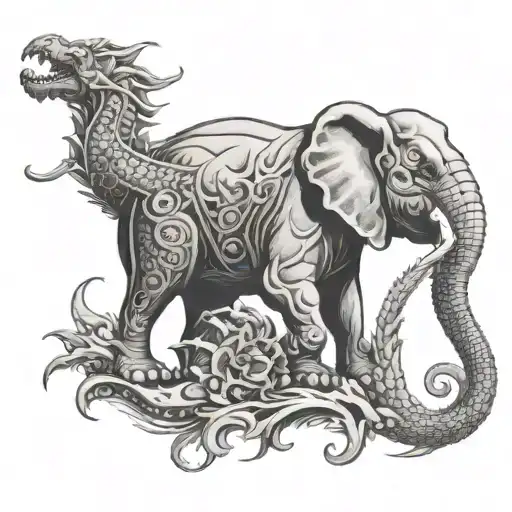 three headed elephant vs dragon  tattoo design idea