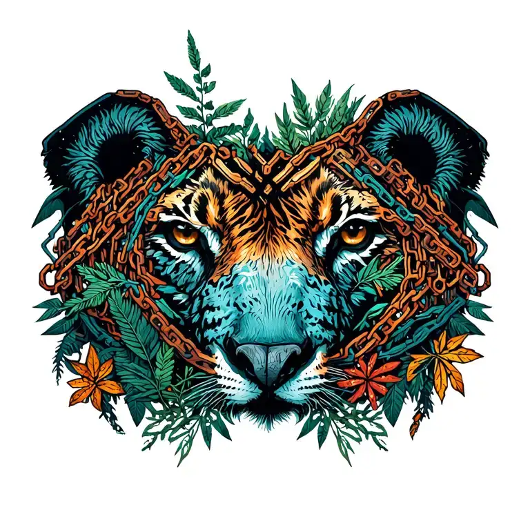 A collage of different endangered animals and plants intertwined with bike chains, reflecting your work as an ecologist and love for nature tattoo design idea