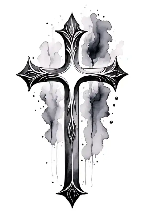 A black and white decorative cross with watercolor wisps around it tattoo design idea