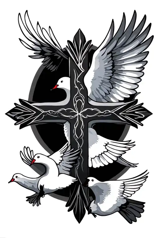 cross and doves flying tattoo design idea