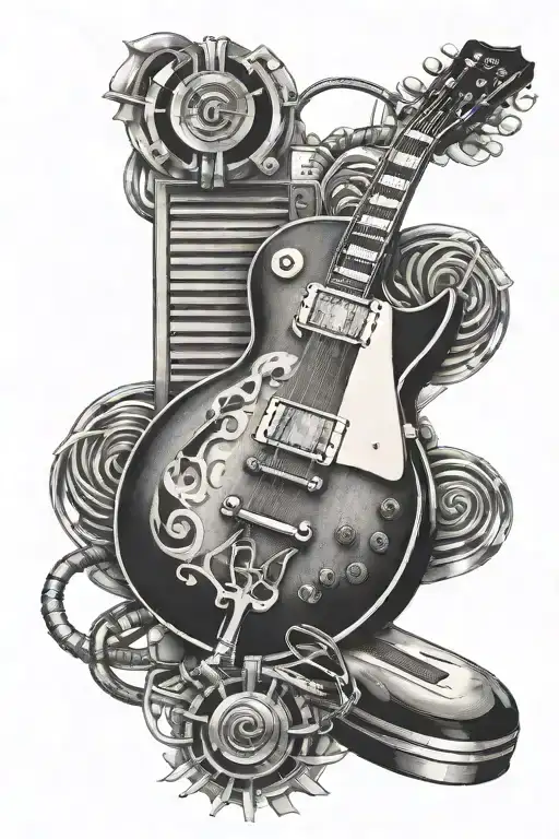 Gibson Les Paul guitar merging with 1 retro microphone and 20 piano keys  tattoo design idea