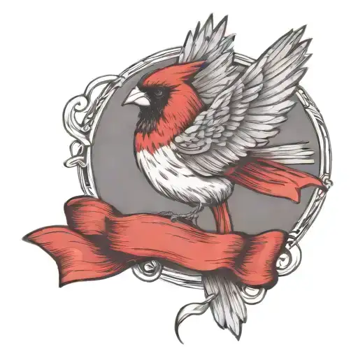 Cardinal bird in flight carrying ribbon  tattoo design idea