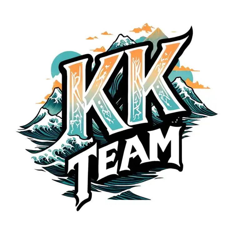 "KK Team" "KK Team" "KK Team" "KK Team" sea wave crashing and mountains  tattoo design idea