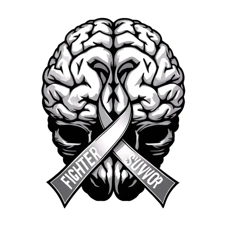gray brain cancer ribbon with fighter and survivor on it tattoo design idea