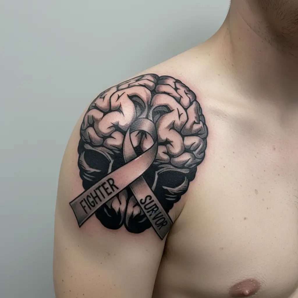 gray brain cancer ribbon with fighter and survivor on it tattoo design idea