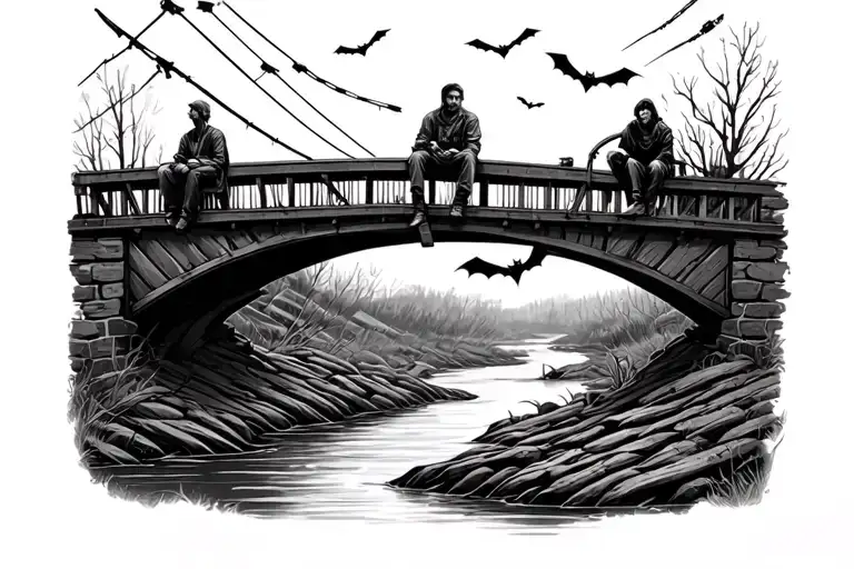 people sitting on an old bridge with enery wires and a stream under the bridge, somewhere is a train, slingshot and bats tattoo design idea