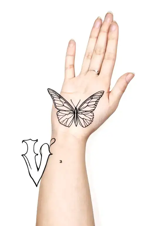 An open hand leaving a butterfly, symbol of healing and freedom, with a discreet "V" hidden in the A tattoo design idea
