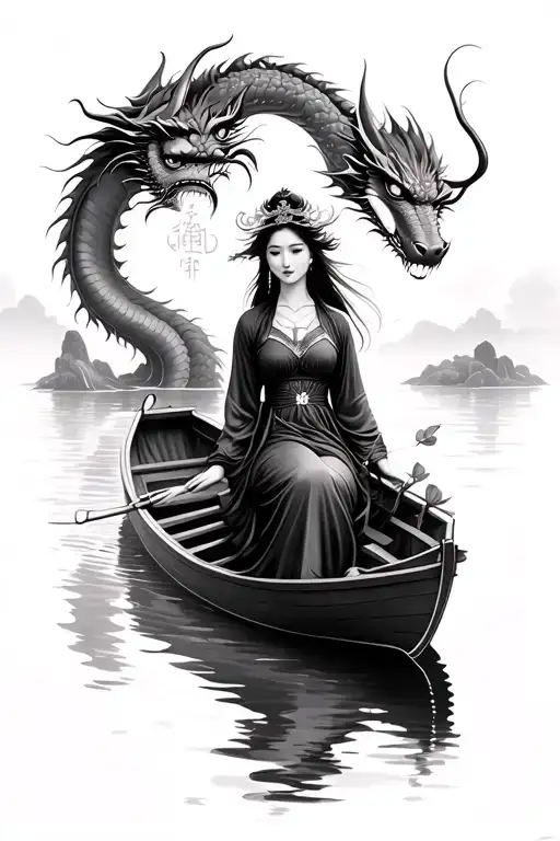 Vietnamese lady in boat with dragon around it tattoo design idea