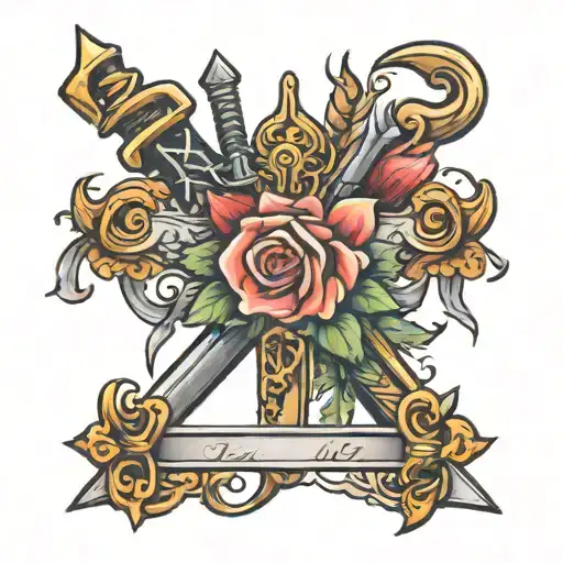 a bow, a sword, and a cane tattoo design idea