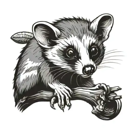 Traditional tattoo style of an opossum sitting on a branch. The opossum has large, expressive eyes with dark pupils and  tattoo design idea