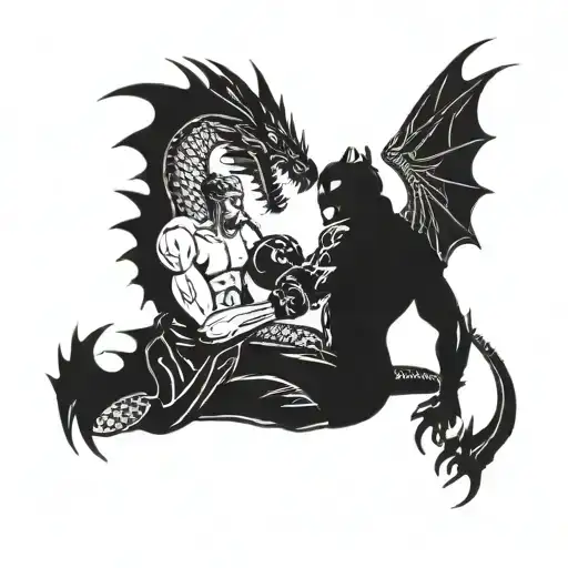 A dragon and mystical creature sparring in a kickboxing ring tattoo design idea