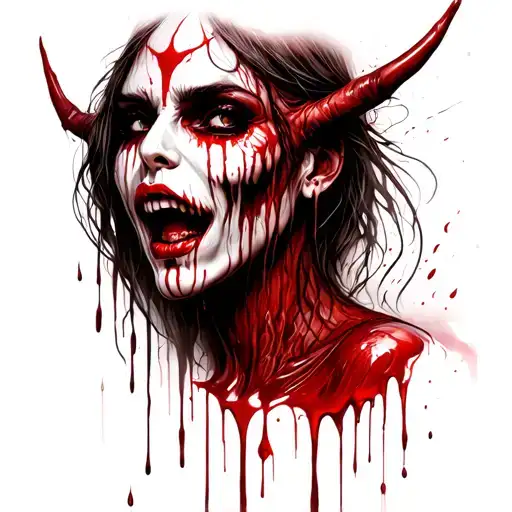 satanic womans face dripping in blood tattoo design idea