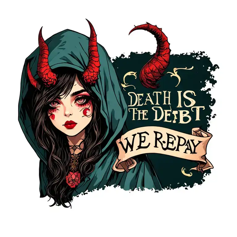 "DEATH IS THE DEBT WE REPAY" hooded demon girl tattoo design idea
