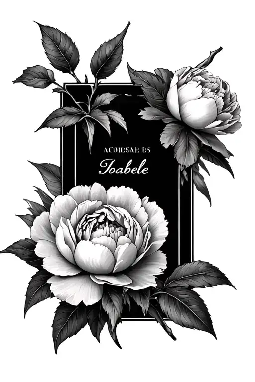 Stem with peony foliage and name Isabelle in a peony tattoo design idea