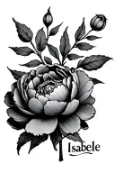 Stem with peony foliage and name Isabelle in a peony tattoo design idea