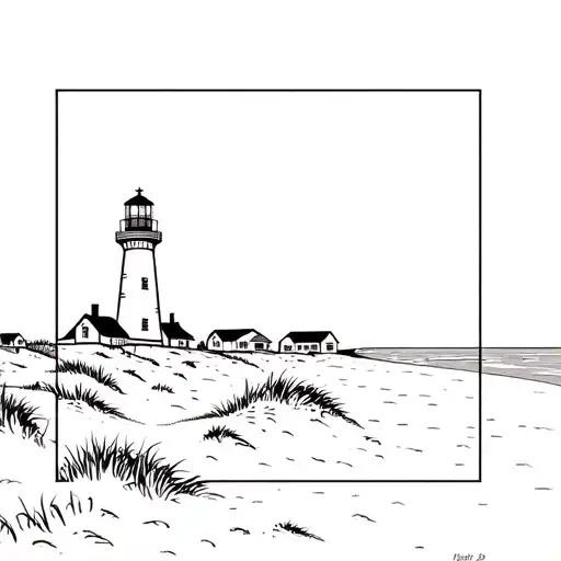 Prestatyn Lighthouse surrounded by sand dunes and grass on a beach with a caravan site in the background, inside a squar tattoo design idea