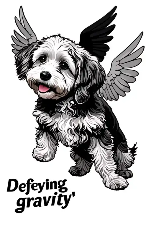 "defying  gravity" playful standard goldendoodle with wings spread upwards tattoo design idea