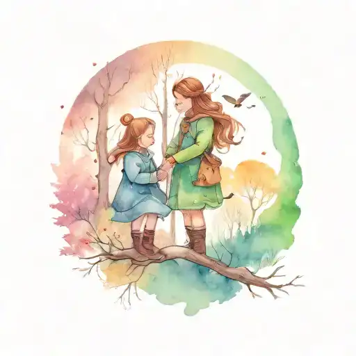 A tattoo design featuring two daughters playing in a winter woodland setting under a night sky filled with aurora borealis, surrounded by birds and nature elements tattoo design idea