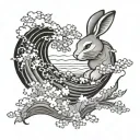 japanese waves, cherry blossoms, clouds, rabbit tattoo design idea