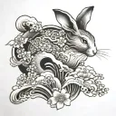 japanese waves, cherry blossoms, clouds, rabbit tattoo design idea