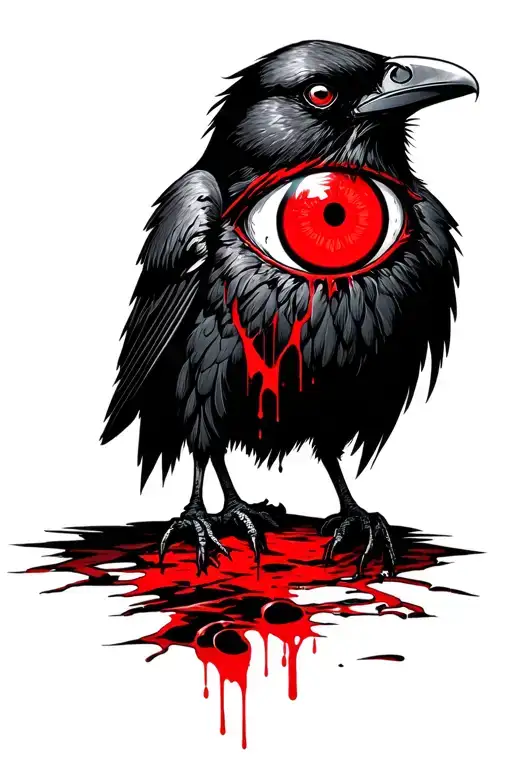 a crow with itachi sharingan eyes and blood dripping from its eye tattoo design idea
