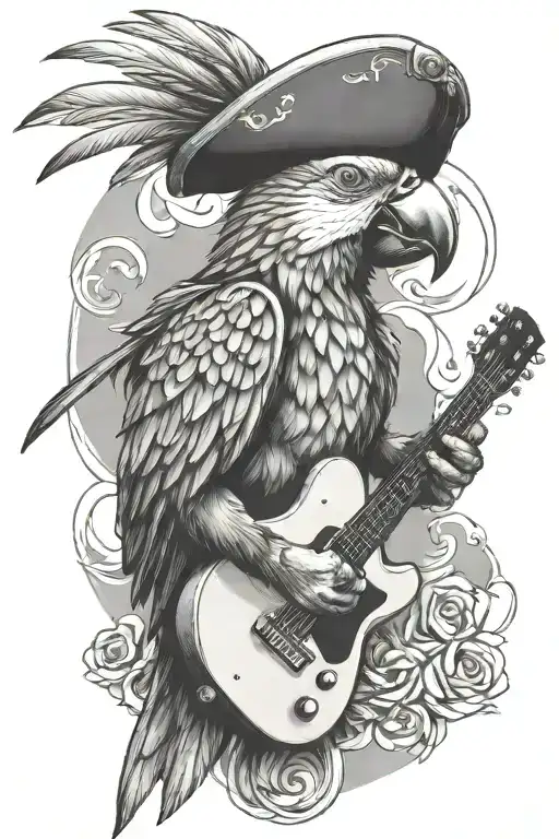 parrot pirate hat and playing guitar tattoo design idea