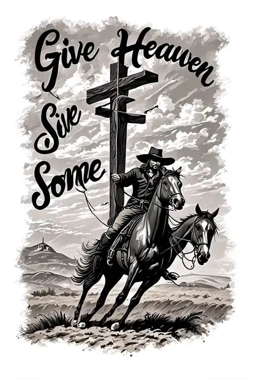 western sky background with a cross and in script writing the words Give Heaven Some Hell and a cowboy riding away tattoo design idea